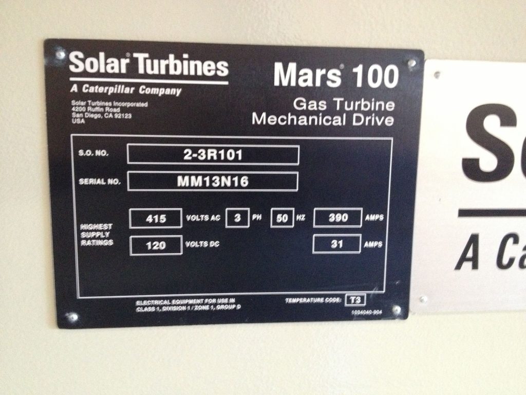 Nameplate on Solar Turbines Mars 100 Gas Turbine Driven Mechanical Pump Skid